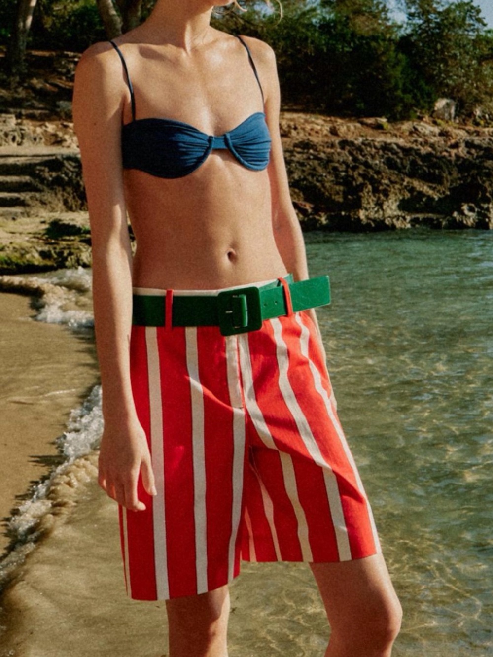 Zara Red and White Vertical-Striped Bermuda Shorts with Green Belt